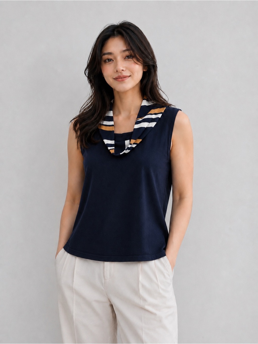 Rare Adrianna Papell Vintage Navy Sleeveless Cowl Neck Knit Top NWT XL